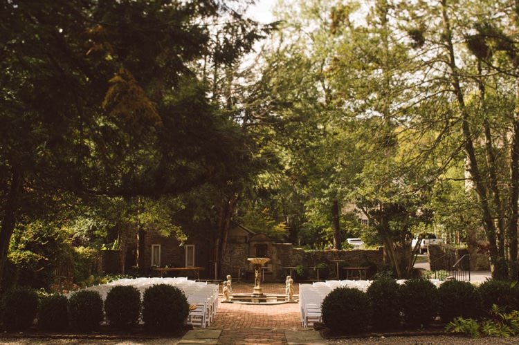 Outdoor Ceremony Trees Water Feature Greenery White Chairs Hippy Bohemian Outdoorsy Wedding in Pennsylvania http://tylerboye.com/