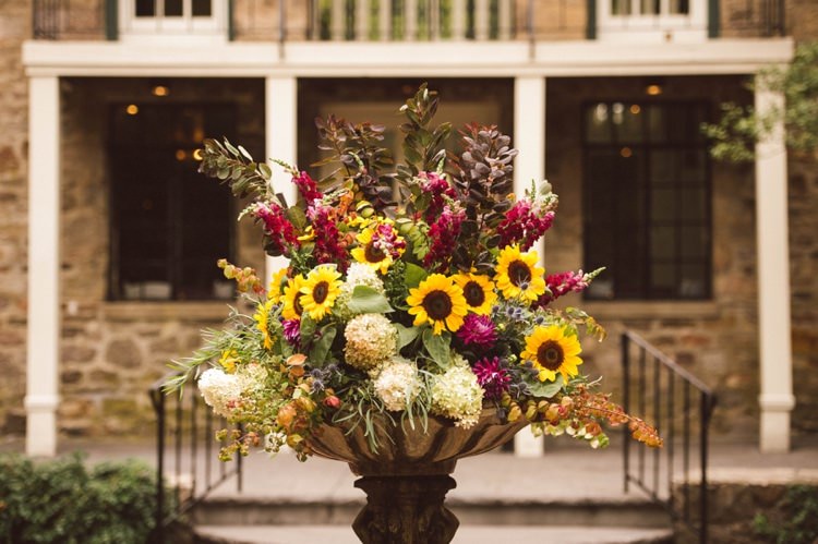 Flowers Cream Maroon Green Sunflowers Florals Hippy Bohemian Outdoorsy Wedding in Pennsylvania http://tylerboye.com/