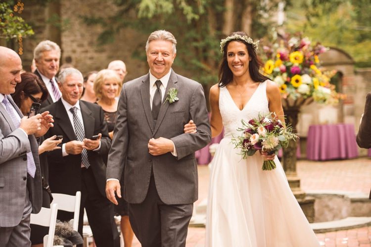 Bride Lace V Neck Bridal Gown Bouquet Flower Crown Florals Father Aisle Hippy Bohemian Outdoorsy Wedding in Pennsylvania http://tylerboye.com/