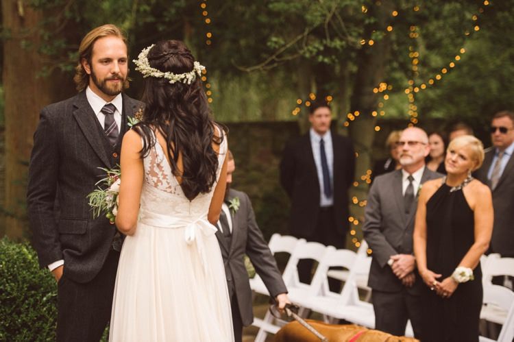 Bride Lace V Neck Bridal Gown Loose Curls Braid Hairstyle Flower Crown Groom Grey Suit Vest Tie Ceremony Hippy Bohemian Outdoorsy Wedding in Pennsylvania http://tylerboye.com/
