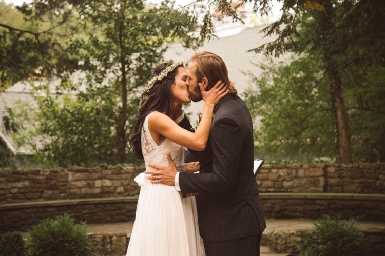 Outdoor Ceremony Bride Groom Kiss Trees Greenery Hippy Bohemian Outdoorsy Wedding in Pennsylvania http://tylerboye.com/