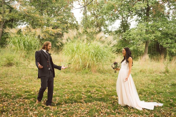Bride Lace V Neck Gown Groom Grey Suit Vest Tie Outdoors Trees Greenery Hippy Bohemian Outdoorsy Wedding in Pennsylvania http://tylerboye.com/