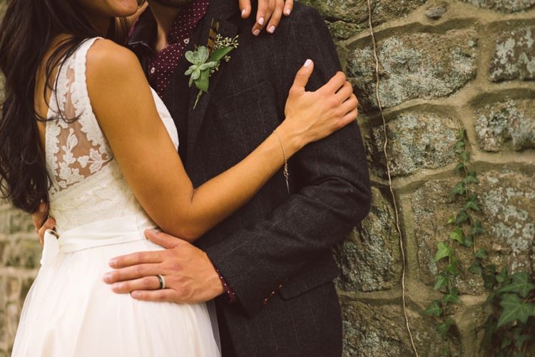Bride Lace V Neck Bridal Gown Groom Grey Suit Maroon Shirt Outdoors Rock Wall Hippy Bohemian Outdoorsy Wedding in Pennsylvania http://tylerboye.com/