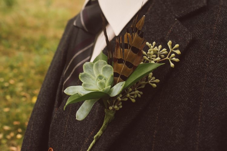 Groom Grey Suit White Shirt Tie Feather Greenery Button Hole Hippy Bohemian Outdoorsy Wedding in Pennsylvania http://tylerboye.com/