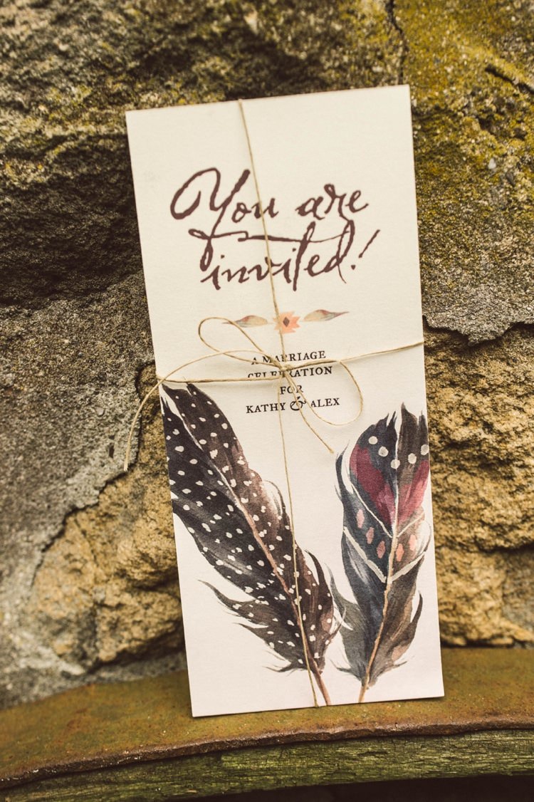 Invitation Stationery Feathers Bow Hippy Bohemian Outdoorsy Wedding in Pennsylvania http://tylerboye.com/