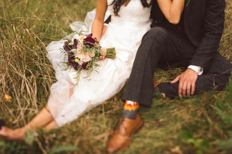 Bride Bouquet Cream Maroon Green Flowers Groom Grey Suit Tan Shoes Cool Socks Grass Hippy Bohemian Outdoorsy Wedding in Pennsylvania http://tylerboye.com/