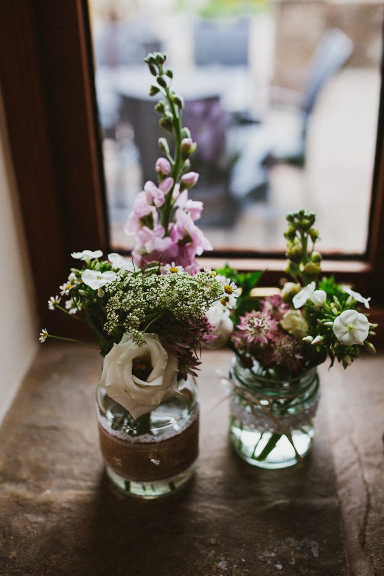 Flowers Jars Lace Hessian Burlap Floral Rustic Country Barn Wedding http://www.allymphotography.com/