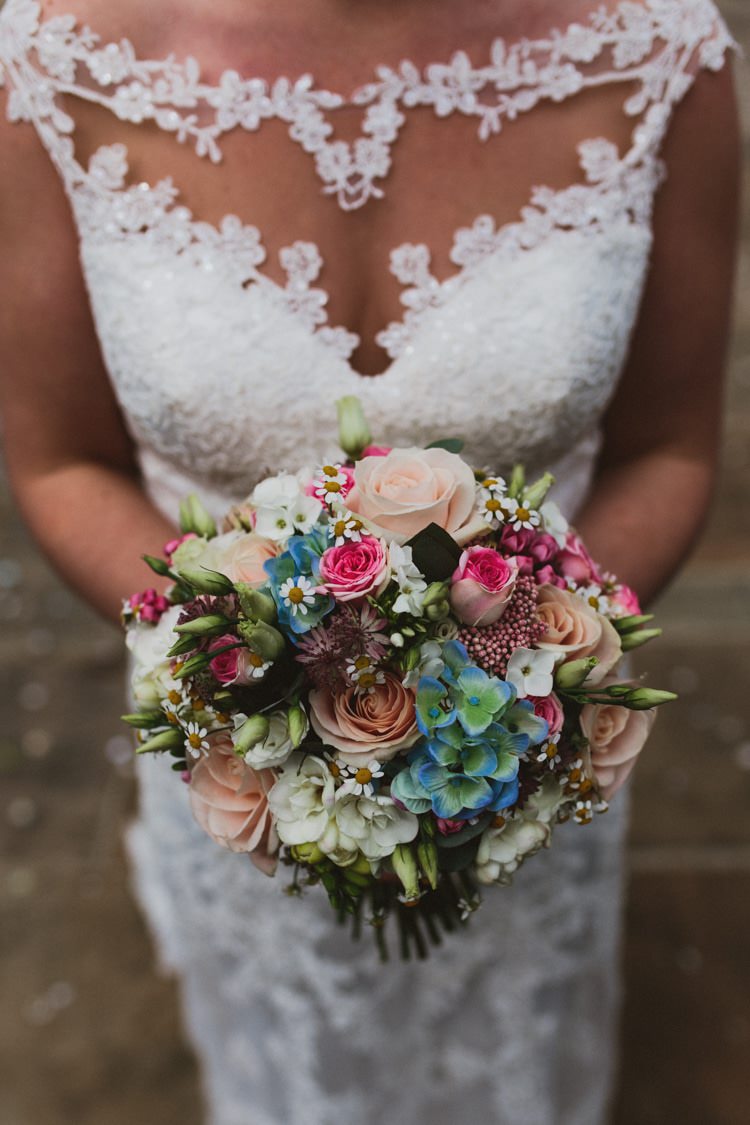 Bouquet Flowers Bride Bridal Rose Pink Blue Hydrangea Daisy Floral Rustic Country Barn Wedding http://www.allymphotography.com/