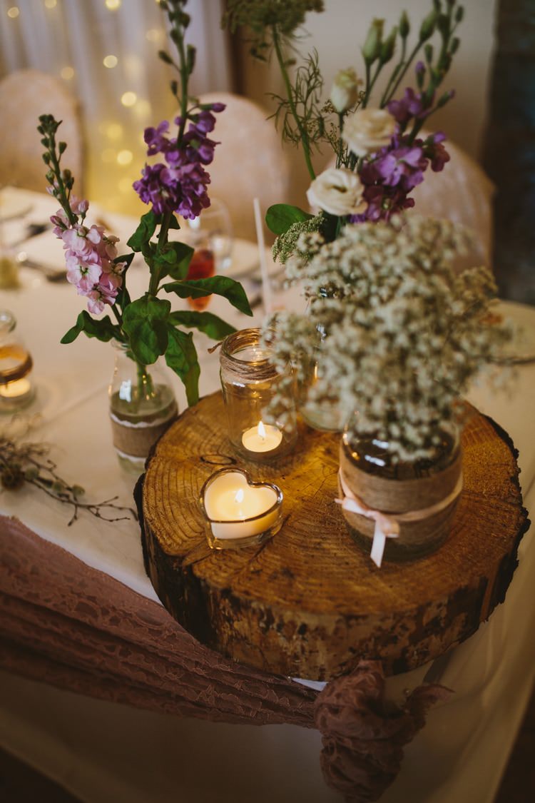 Log Jar Flowers Hessian Ribbon Centrepiece Decor Candles Floral Rustic Country Barn Wedding http://www.allymphotography.com/