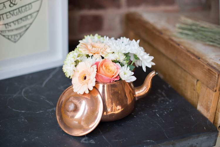 Tea Pot Flowers Copper Dusky Lilac Grey Rustic Barn Wedding http://www.kayleighpope.co.uk/