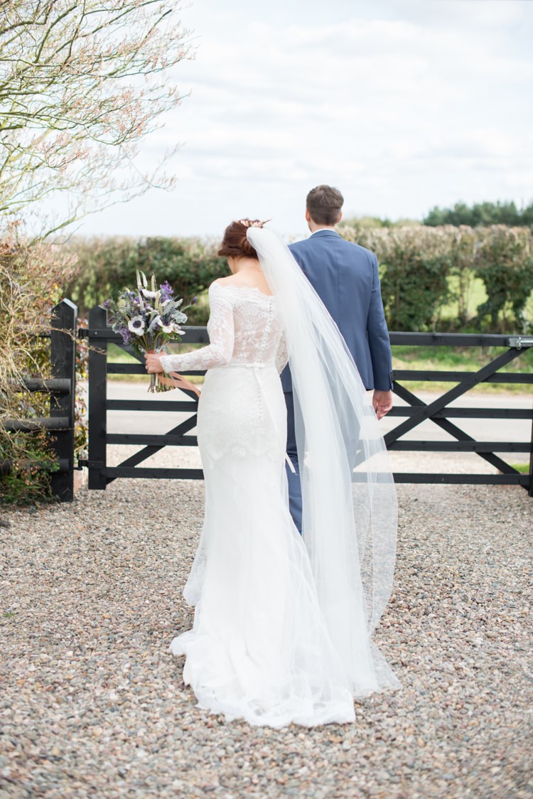 Lace Long Sleeved Bardot Off Shoulder Dress Gown Bride Bridal Veil Copper Dusky Lilac Grey Rustic Barn Wedding http://www.kayleighpope.co.uk/