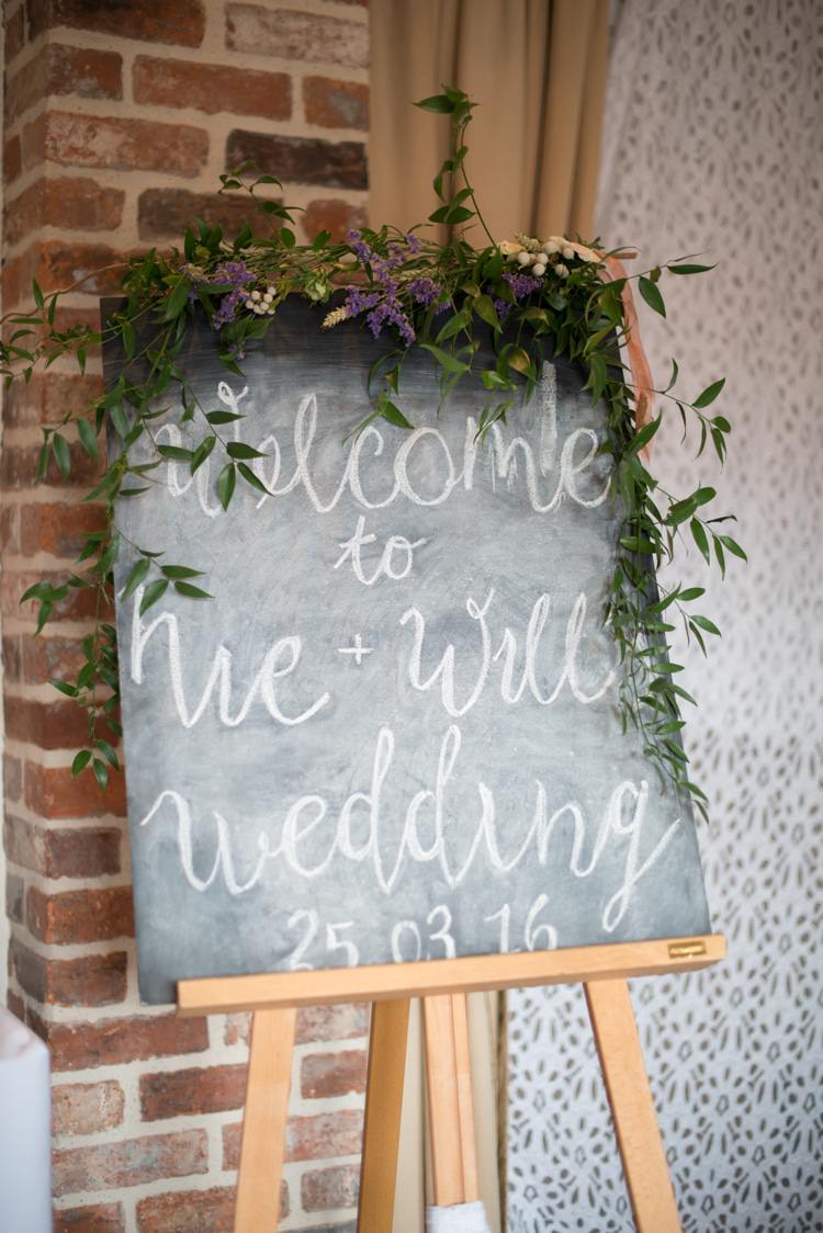Black Board Chalk Sign Welcome Foliage Calligraphy Copper Dusky Lilac Grey Rustic Barn Wedding http://www.kayleighpope.co.uk/