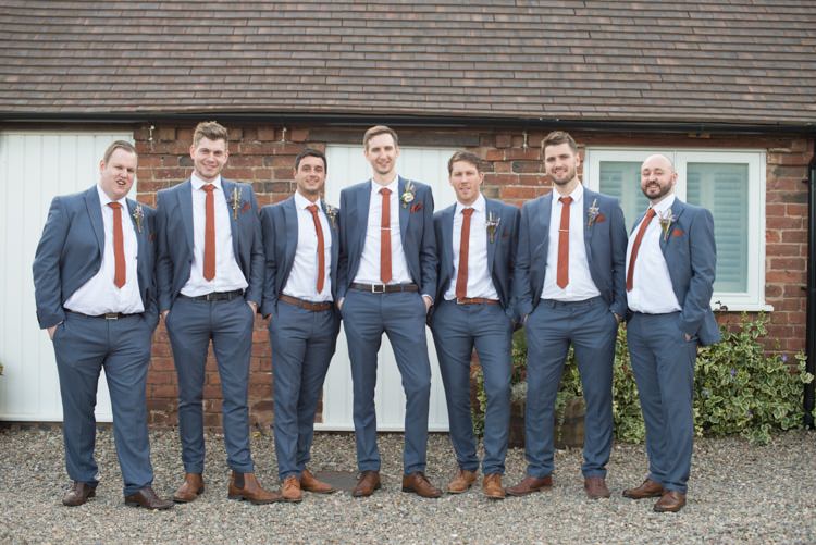 Blue Suits Red Tie Tan Shoes Groom Groomsmen Copper Dusky Lilac Grey Rustic Barn Wedding http://www.kayleighpope.co.uk/