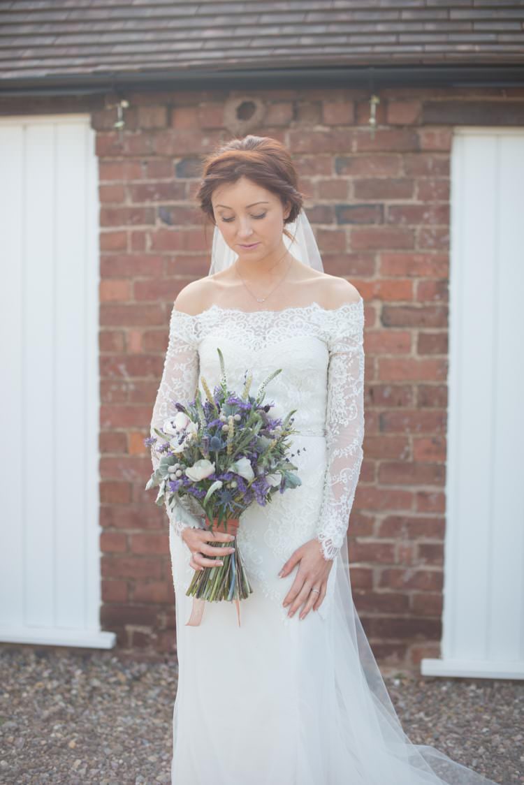 Off Shoulder Bardot Lace Sleeves Dress Gown Bride Bridal Copper Dusky Lilac Grey Rustic Barn Wedding http://www.kayleighpope.co.uk/