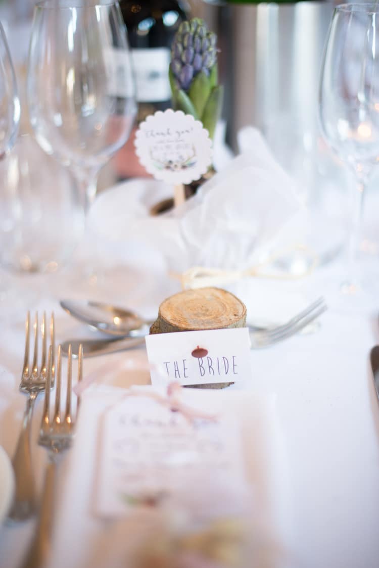 Log Slice Place Name Card Copper Dusky Lilac Grey Rustic Barn Wedding http://www.kayleighpope.co.uk/
