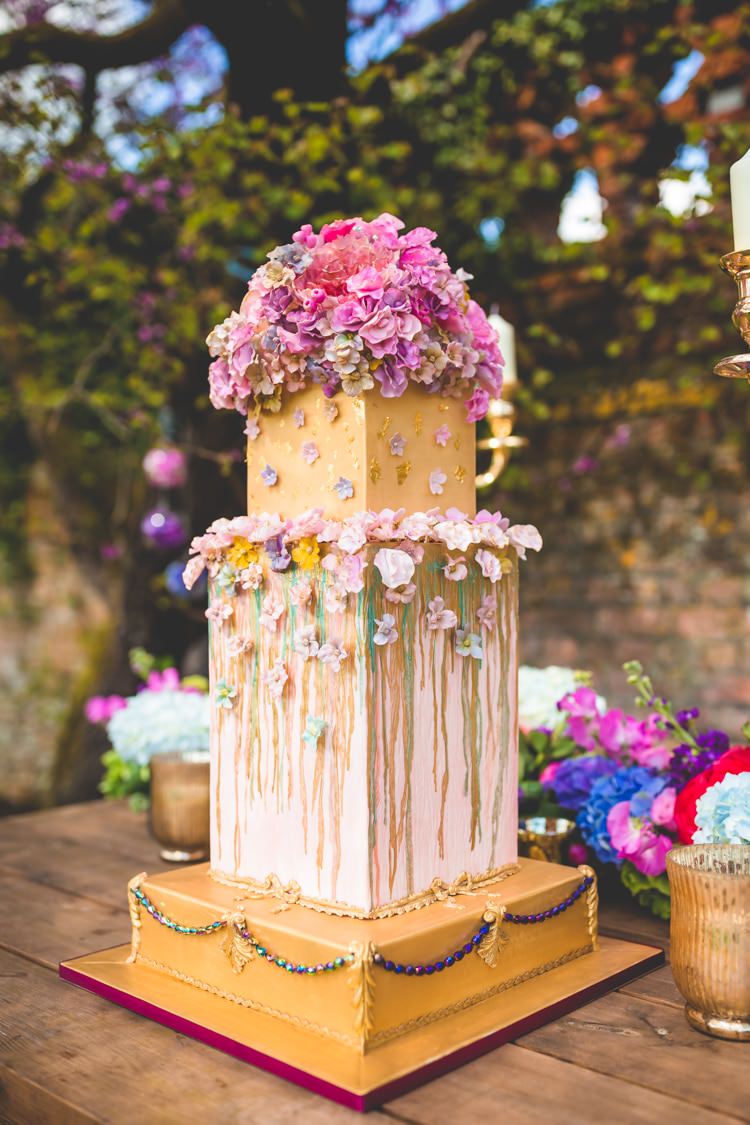 Cake Square Metallic Gold Drip Flowers Pink Summer Brights Jewelled Glamour Wedding Ideas http://realsimplephotography.net/