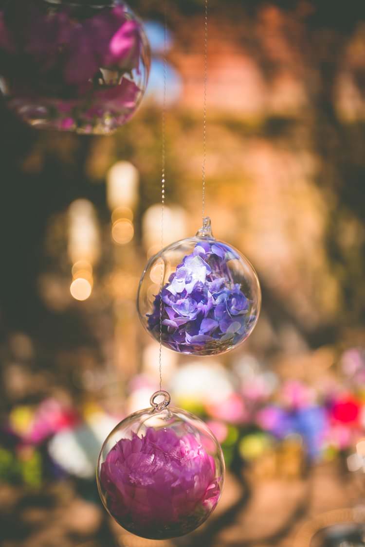 Hanging Glass Baubles Flowers Pink Blue Summer Brights Jewelled Glamour Wedding Ideas http://realsimplephotography.net/