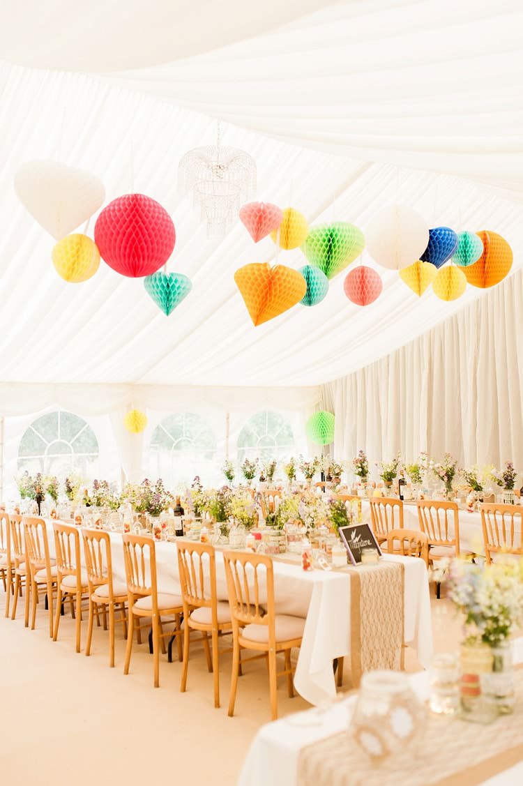 Marquee Lanterns Honeycomb Long Tables Flowers Multicoloured DIY Rustic Wedding http://vickylamburn.com/