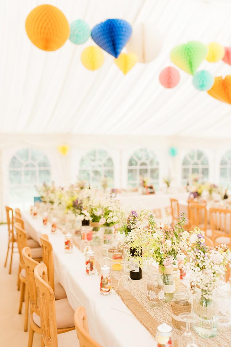 Long Tables Flowers Hessian Lace Lanterns Marquee Multicoloured DIY Rustic Wedding http://vickylamburn.com/