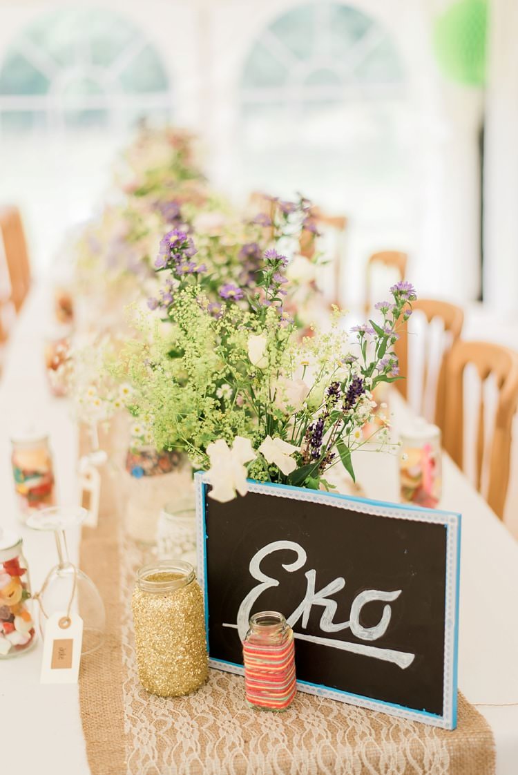 Black Chalk Board Table Name Glitter Jars Multicoloured DIY Rustic Wedding http://vickylamburn.com/