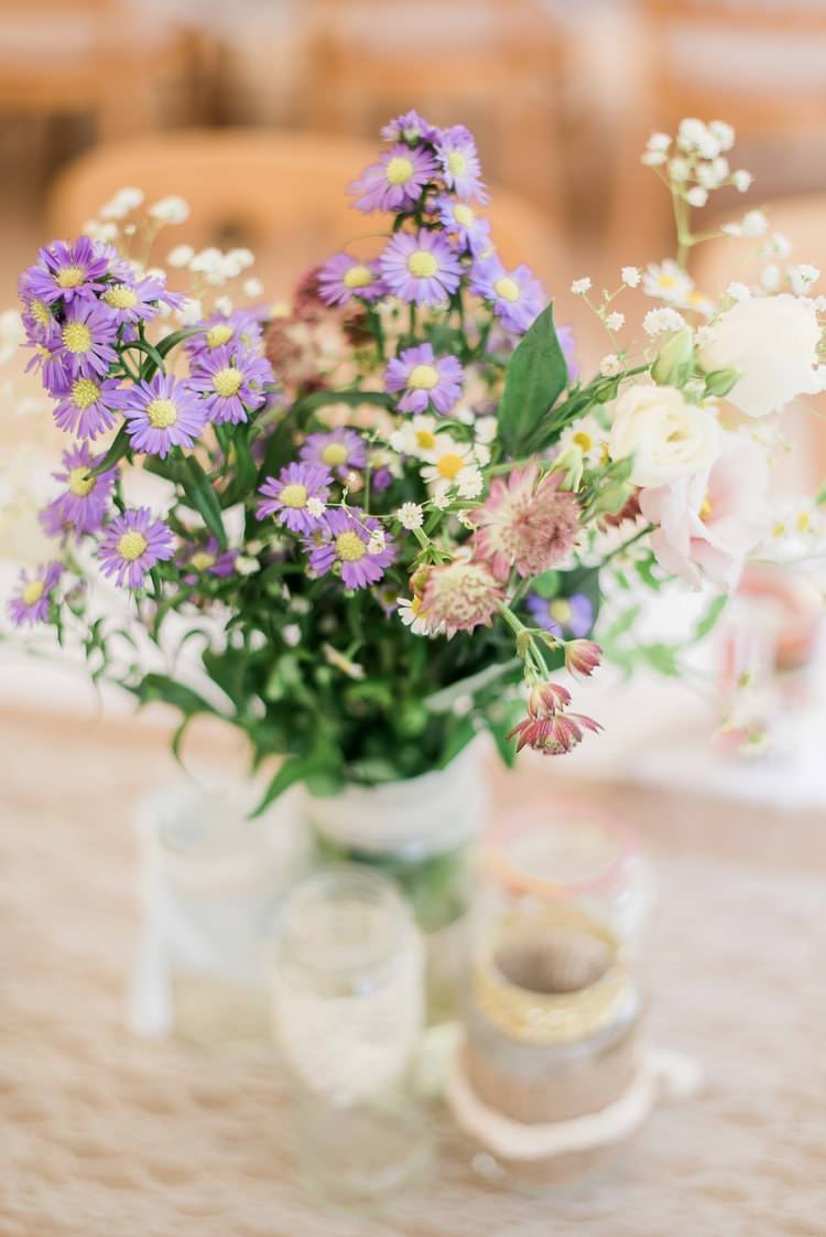 Natural Wild Flowers Jars Purple White Table Centrepiece Decor Multicoloured DIY Rustic Wedding http://vickylamburn.com/