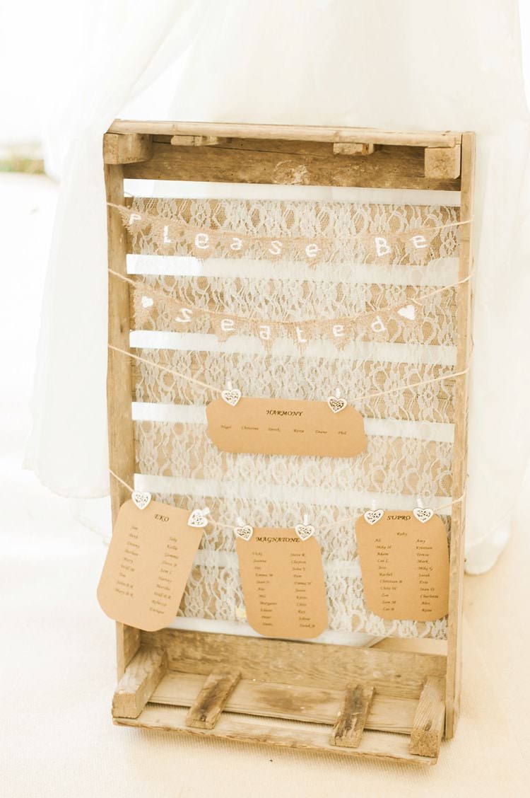Crate Lace Bunting Table Seating Plan Chart Multicoloured DIY Rustic Wedding http://vickylamburn.com/