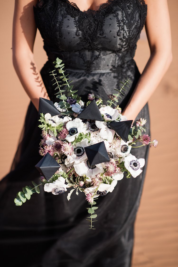 Black Lace Bridal Gown Unusual Bouquet Florals White Anemone Flowers Geometric Desert Dubai Wedding Ideas http://weddingphotographerdubai.me/
