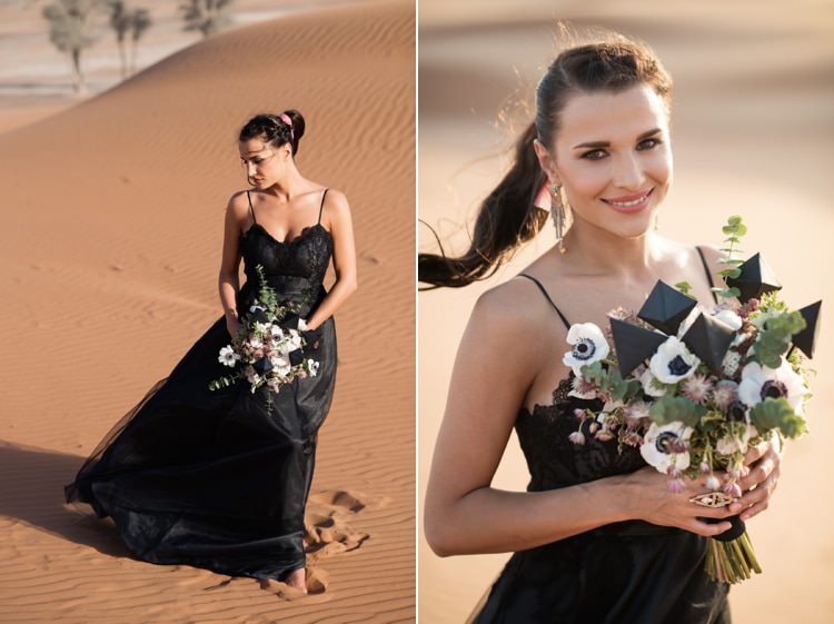 Black Lace Wedding Gown Unusual Bouquet White Anemone Flowers Bridal Accessories Ring Earrings Braid Hairstyle Geometric Desert Dubai Wedding Ideas http://weddingphotographerdubai.me/