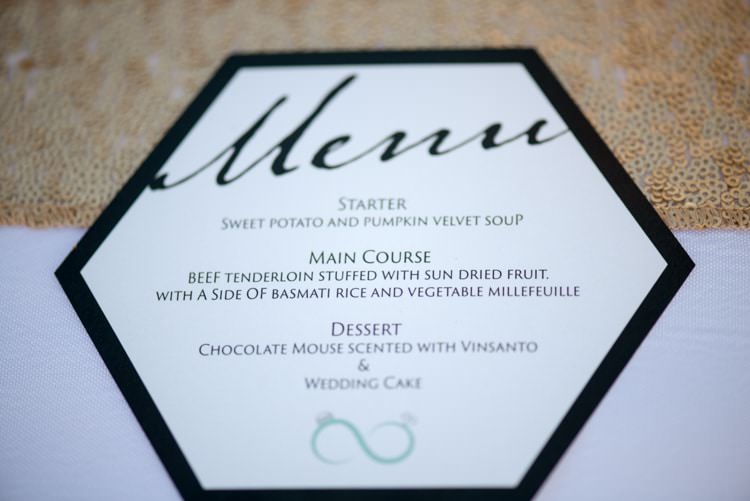 Black White Menu Hexagon Stationery Gold Sequin Table Runner Geometric Desert Dubai Wedding Ideas http://weddingphotographerdubai.me/
