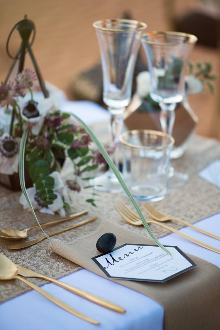 Reception Table Setting Gold Black White Menu Florals Sequin Table Runner Geometric Desert Dubai Wedding Ideas http://weddingphotographerdubai.me/