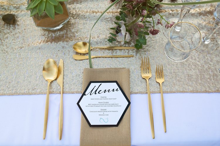 Reception Table Setting Gold Black White Sequin Table Runner Menu Florals Green Succulent Plant Cutlery Geometric Desert Dubai Wedding Ideas http://weddingphotographerdubai.me/