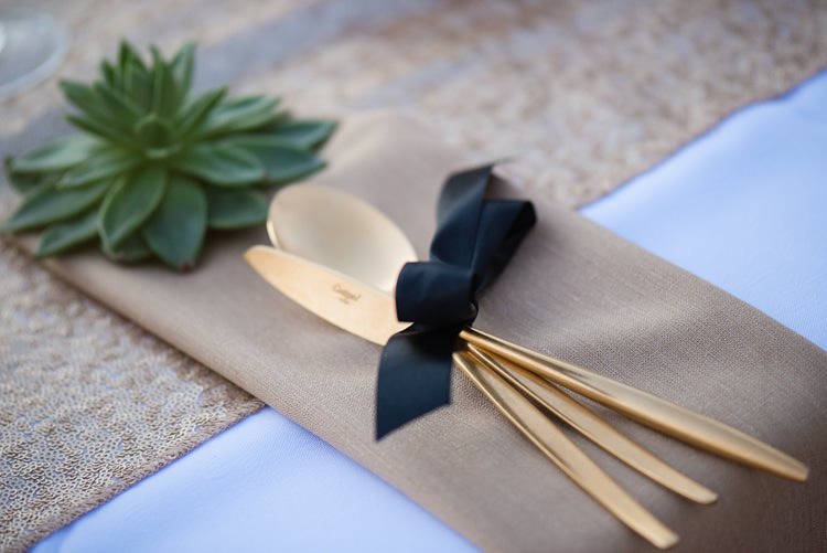 Gold Cutlery Black Ribbon Green Succulent Plant Sequin Table Runner Reception Geometric Desert Dubai Wedding Ideas http://weddingphotographerdubai.me/