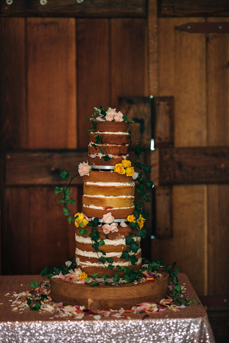 Naked Cake Tower Sponge Layer Flowers Magical Sequins Fairy Lights Barn Wedding http://greenantlersphotography.com/