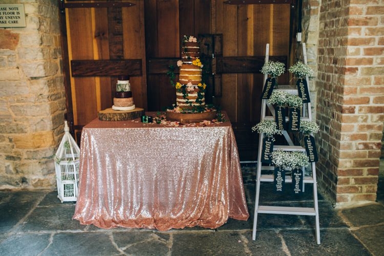 Ladder Flower Seating Table Plan Rose Gold Table Cloth Cake Magical Sequins Fairy Lights Barn Wedding http://greenantlersphotography.com/