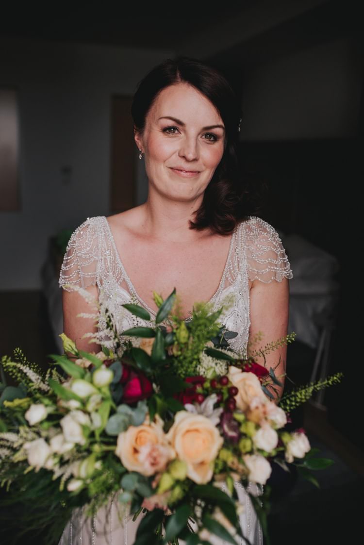 Bride Bridal Make Up Hair Bouquet Flowers Peach Burgundy Whimsical Bright Village Hall Wedding http://www.beckyryanphotography.co.uk/