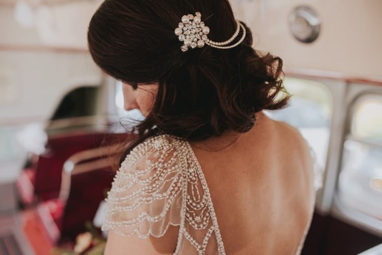 Hair Bride Bridal Up Do Accessory Sleeve Dress Beads Whimsical Bright Village Hall Wedding http://www.beckyryanphotography.co.uk/