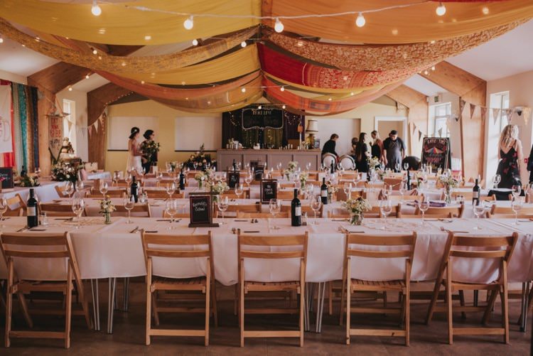 Drapes Swags Festoon Lights Colourful Whimsical Bright Village Hall Wedding http://www.beckyryanphotography.co.uk/