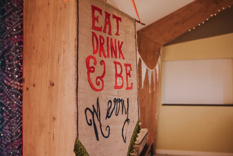 Banner Fabric Quirky Eat Drink Whimsical Bright Village Hall Wedding http://www.beckyryanphotography.co.uk/