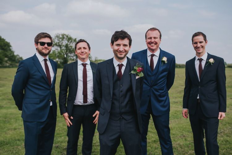 Reiss Suit Groom Burgundy Tie Whimsical Bright Village Hall Wedding http://www.beckyryanphotography.co.uk/