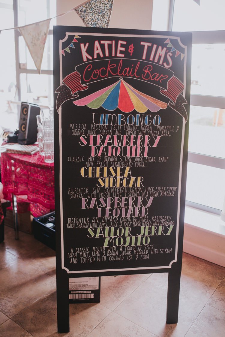 Cocktail Bar Sign Whimsical Bright Village Hall Wedding http://www.beckyryanphotography.co.uk/