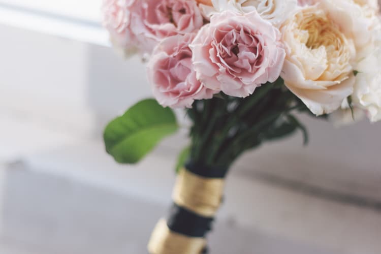 Bridal Bouquet Pink White Cream Peonies Flowers Gold Ribbon Modern Roof Terrace Dusk Wedding Madrid http://www.lorenasanjose.com/