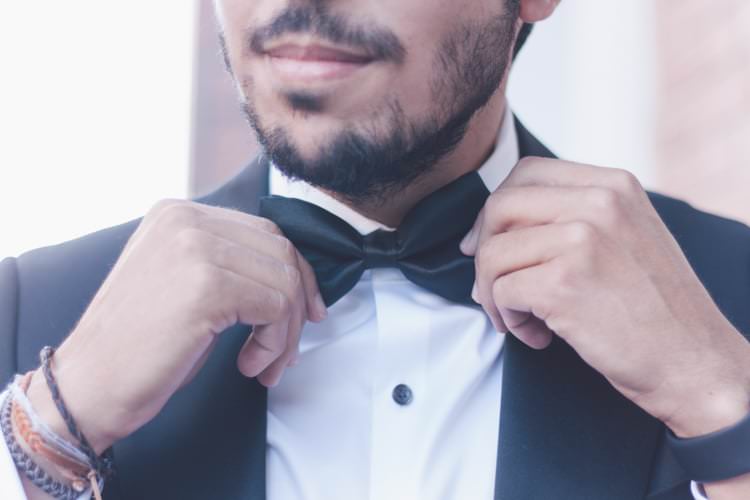 Groom Style Black Suit White Shirt Black Bow Tie Modern Roof Terrace Dusk Wedding Madrid http://www.lorenasanjose.com/