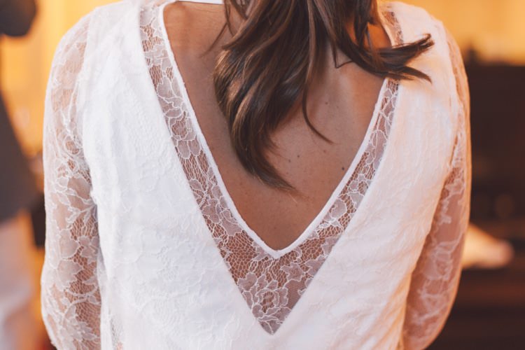 Bride Three Piece Bridal Gown Low Back Lace Modern Roof Terrace Dusk Wedding Madrid http://www.lorenasanjose.com/