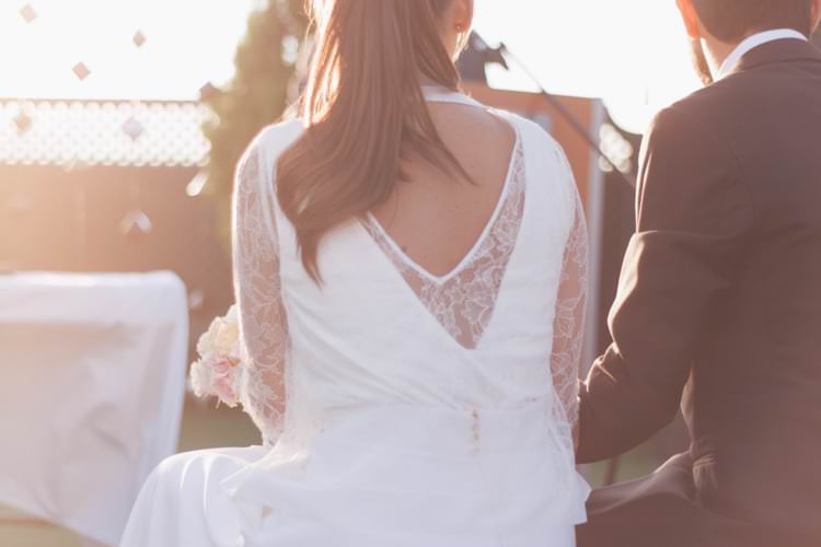 Outdoor Ceremony Bride Three Piece Bridal Gown Low Back Lace Groom Modern Roof Terrace Dusk Wedding Madrid http://www.lorenasanjose.com/