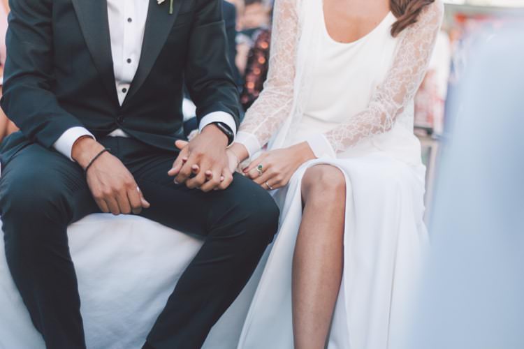 Bride Three Piece Bridal Gown Low Back Lace Groom Back Suit Modern Roof Terrace Dusk Wedding Madrid http://www.lorenasanjose.com/