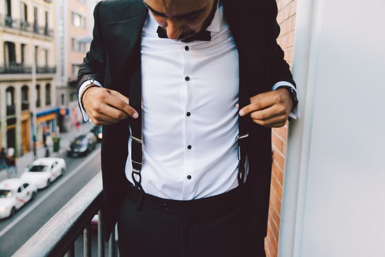 Groom Style Black Suit Bow Tie Suspenders Modern Roof Terrace Dusk Wedding Madrid http://www.lorenasanjose.com/
