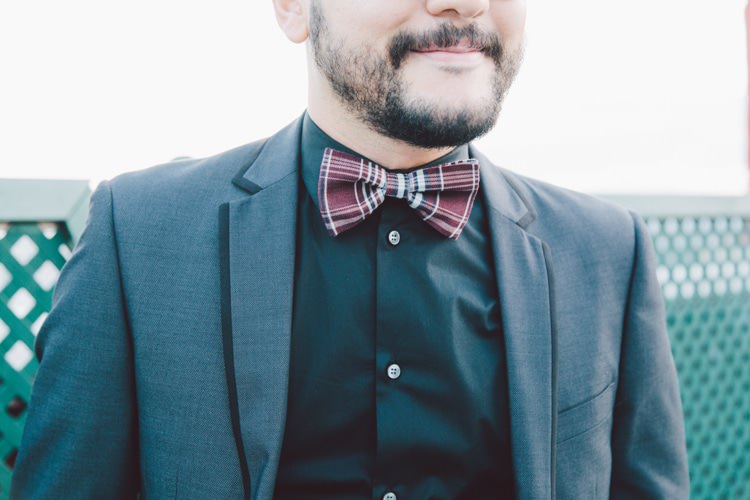 Guest Style Grey Suit Black Shirt Tartan Bow Tie Modern Roof Terrace Dusk Wedding Madrid http://www.lorenasanjose.com/