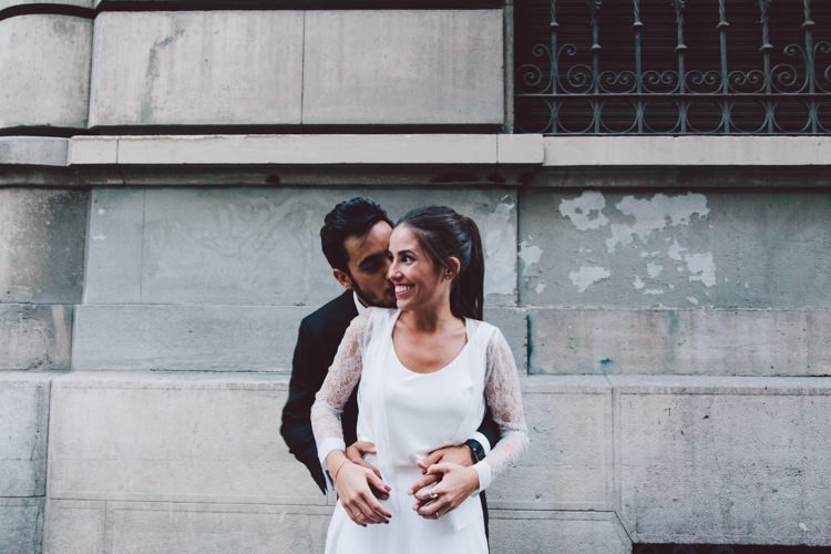 Groom Bride Three Piece Bridal Gown Low Back Lace Modern Roof Terrace Dusk Wedding Madrid http://www.lorenasanjose.com/