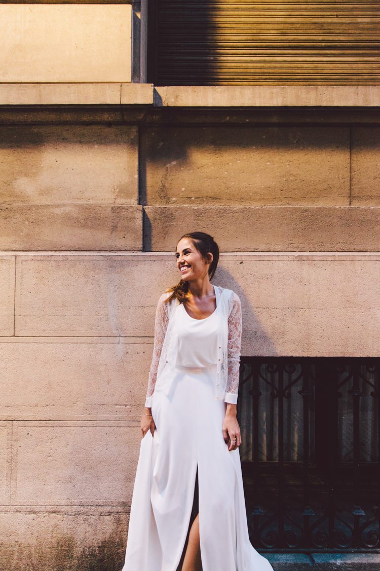 Bride Three Piece Bridal Gown Low Back Lace City Street Modern Roof Terrace Dusk Wedding Madrid http://www.lorenasanjose.com/