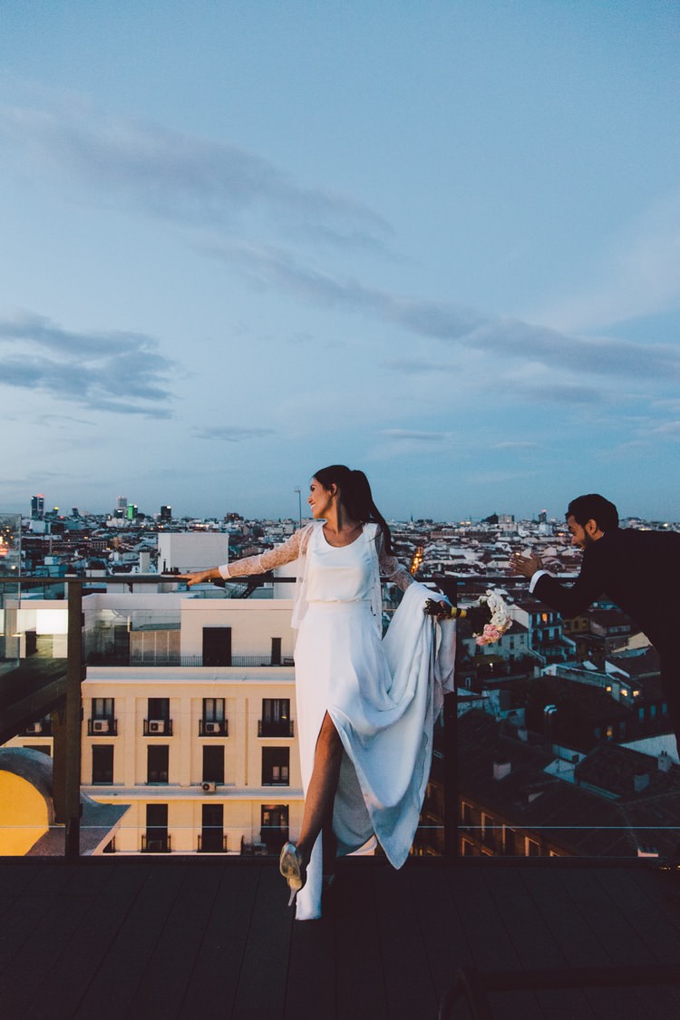 Bride Three Piece Bridal Gown Low Back Lace Groom City Views Modern Roof Terrace Dusk Wedding Madrid http://www.lorenasanjose.com/
